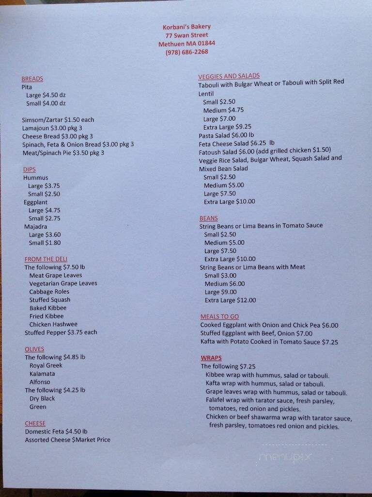 Korbani's Bakery - Methuen, MA menu_pic
