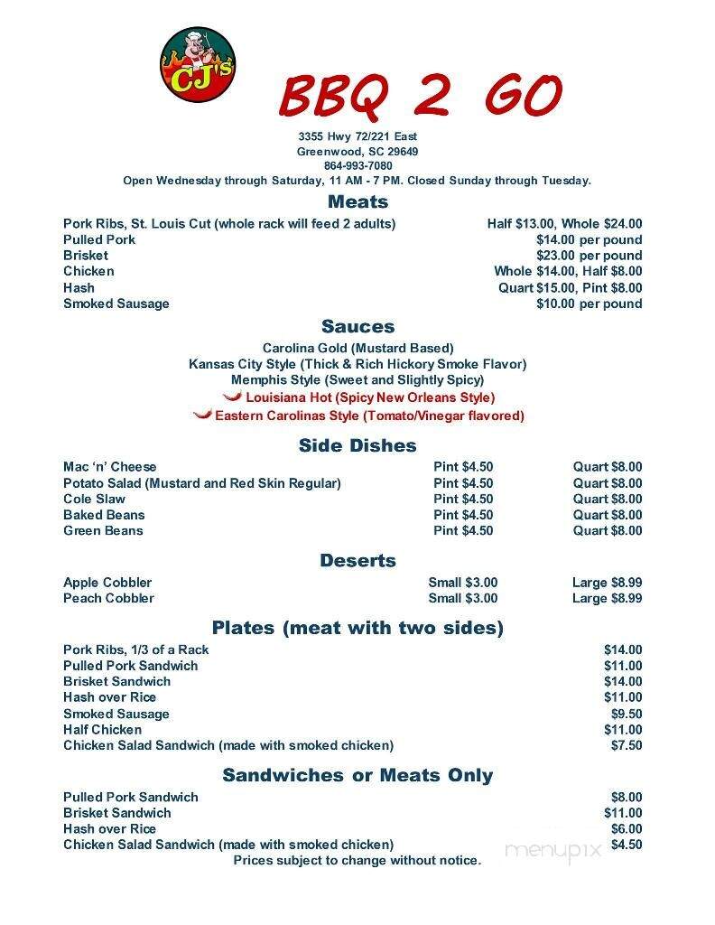 CJ's BBQ 2 GO - Greenwood, SC menu_pic