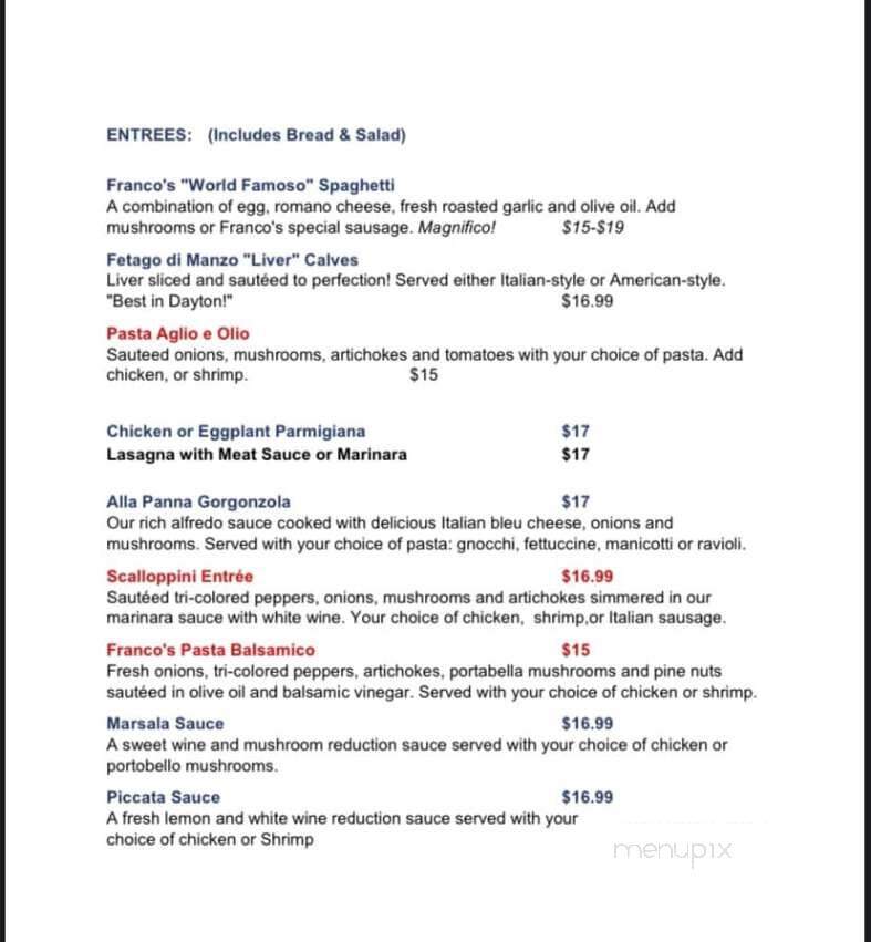 Franco's Ristorante Italian - Dayton, OH menu_pic