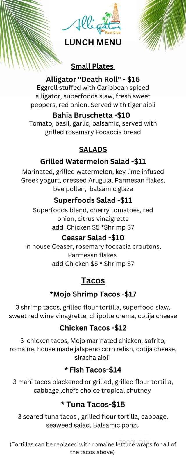 Alligator Reef Club - Melbourne, FL menu_pic