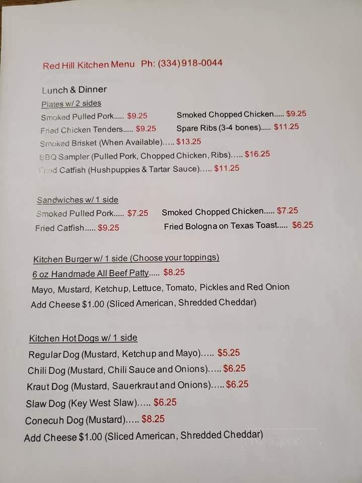 Red Hill Kitchen - Tallassee, AL menu_pic