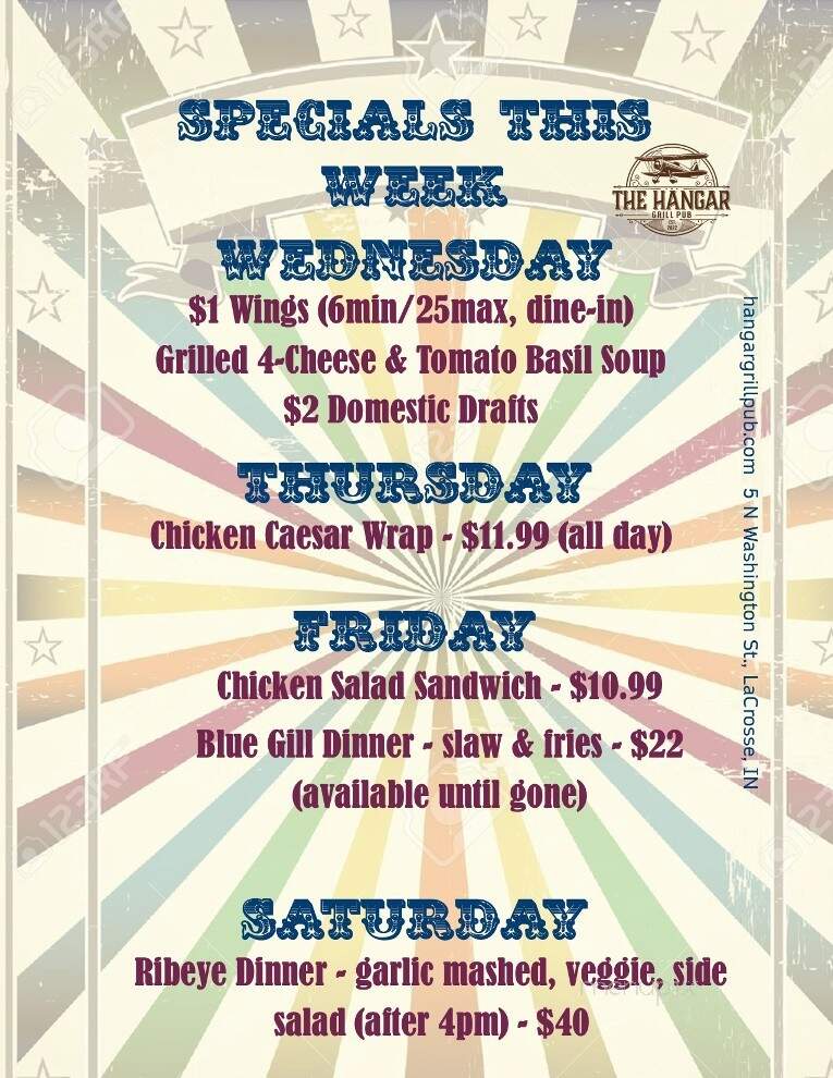 The Hangar Grill Pub - La Crosse, IN menu_pic