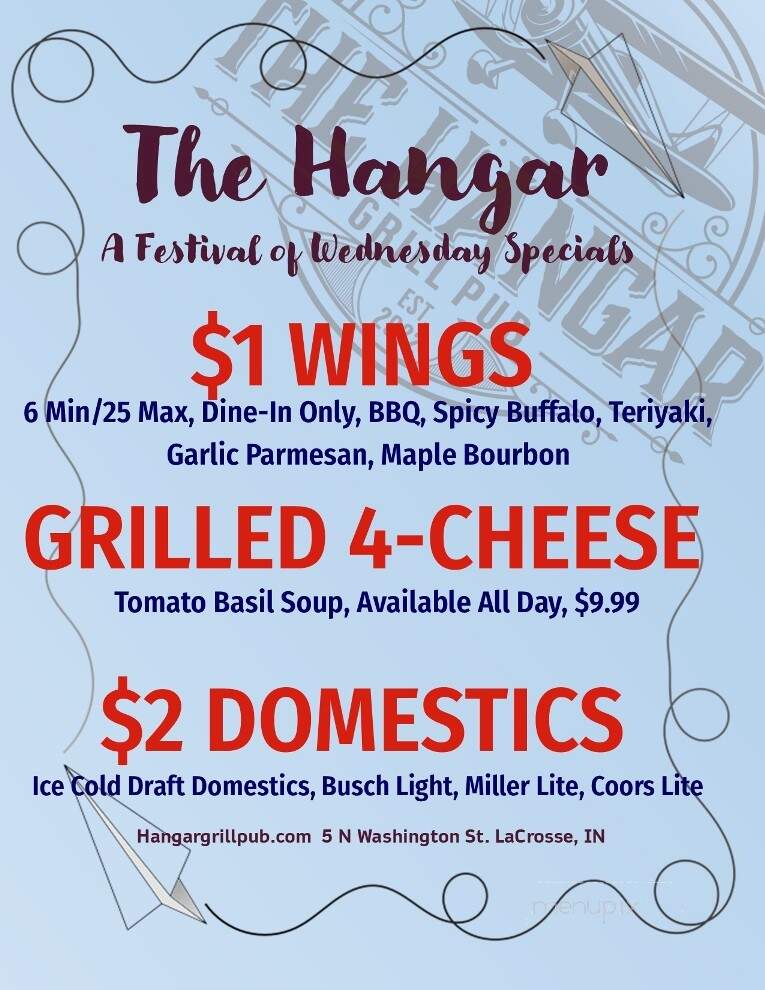 The Hangar Grill Pub - La Crosse, IN menu_pic