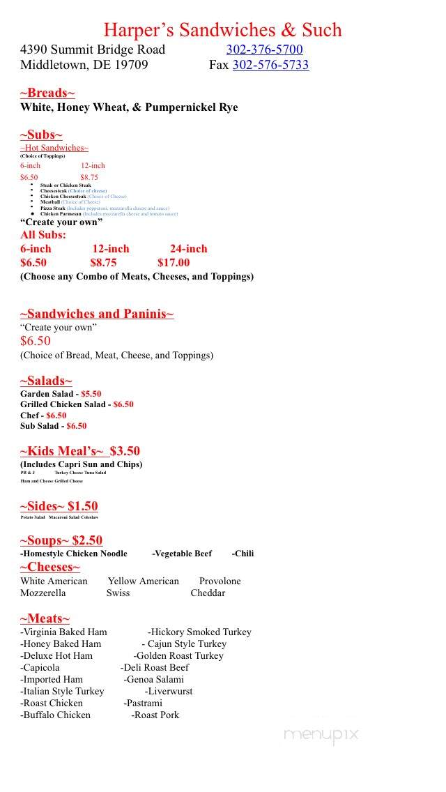 Harper's Sandwiches and Such - Middletown, DE menu_pic