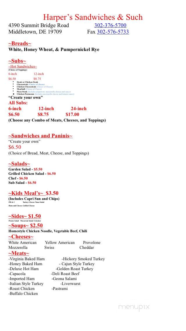 Harper's Sandwiches and Such - Middletown, DE menu_pic