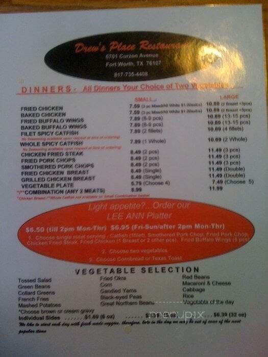 Drew's Place - Fort Worth, TX menu_pic