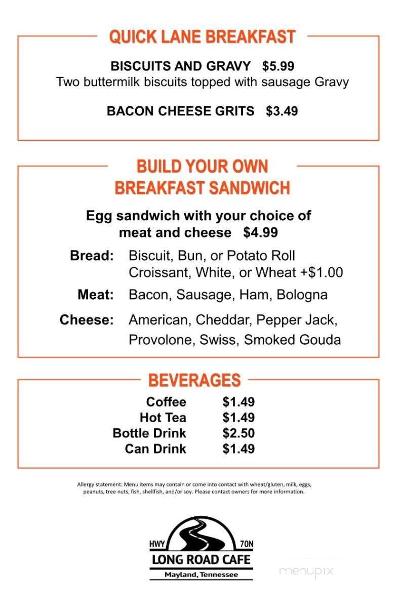 Long Road Cafe - Crossville, TN menu_pic