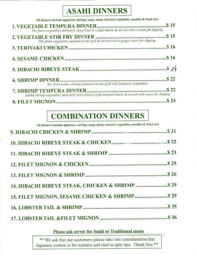 Asahi Japanese Steakhouse - Greensboro, NC menu_pic