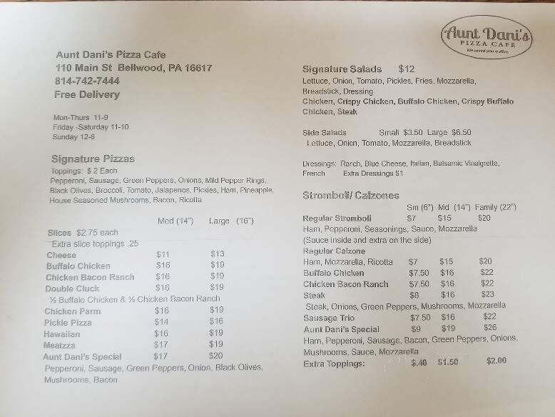 Aunt Dani's Pizza Cafe - Bellwood, PA menu_pic