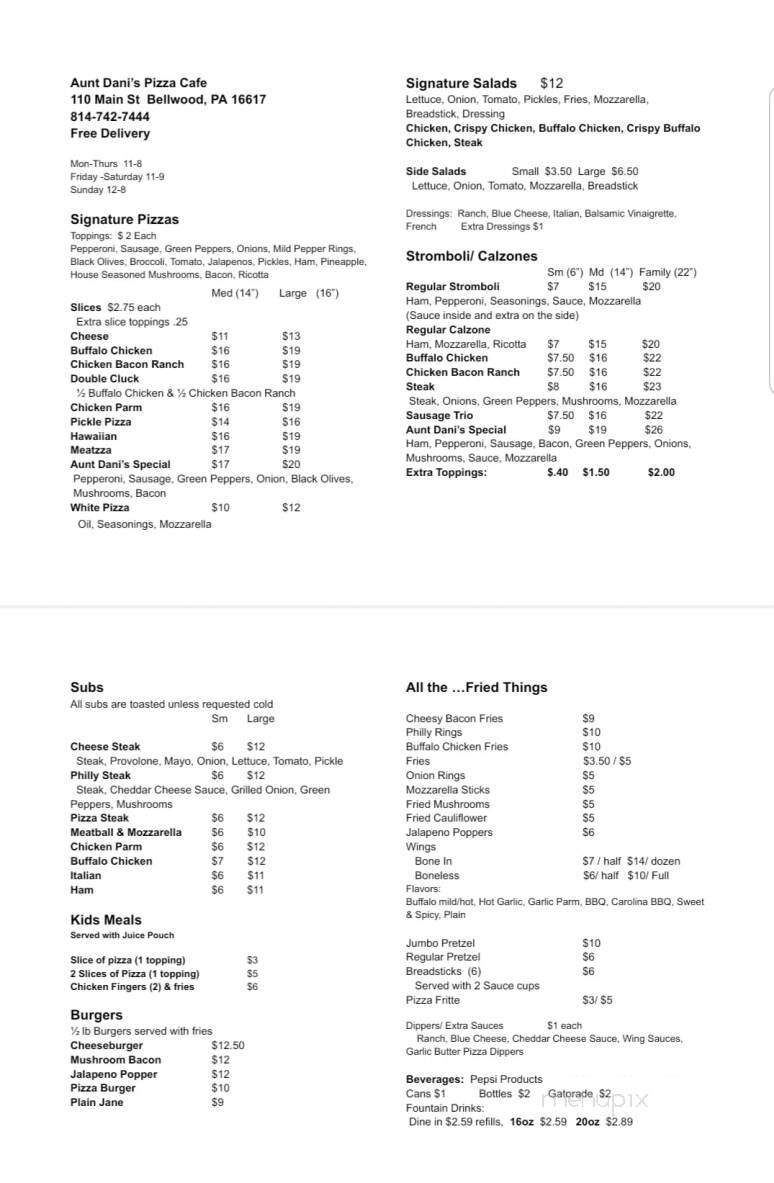 Aunt Dani's Pizza Cafe - Bellwood, PA menu_pic