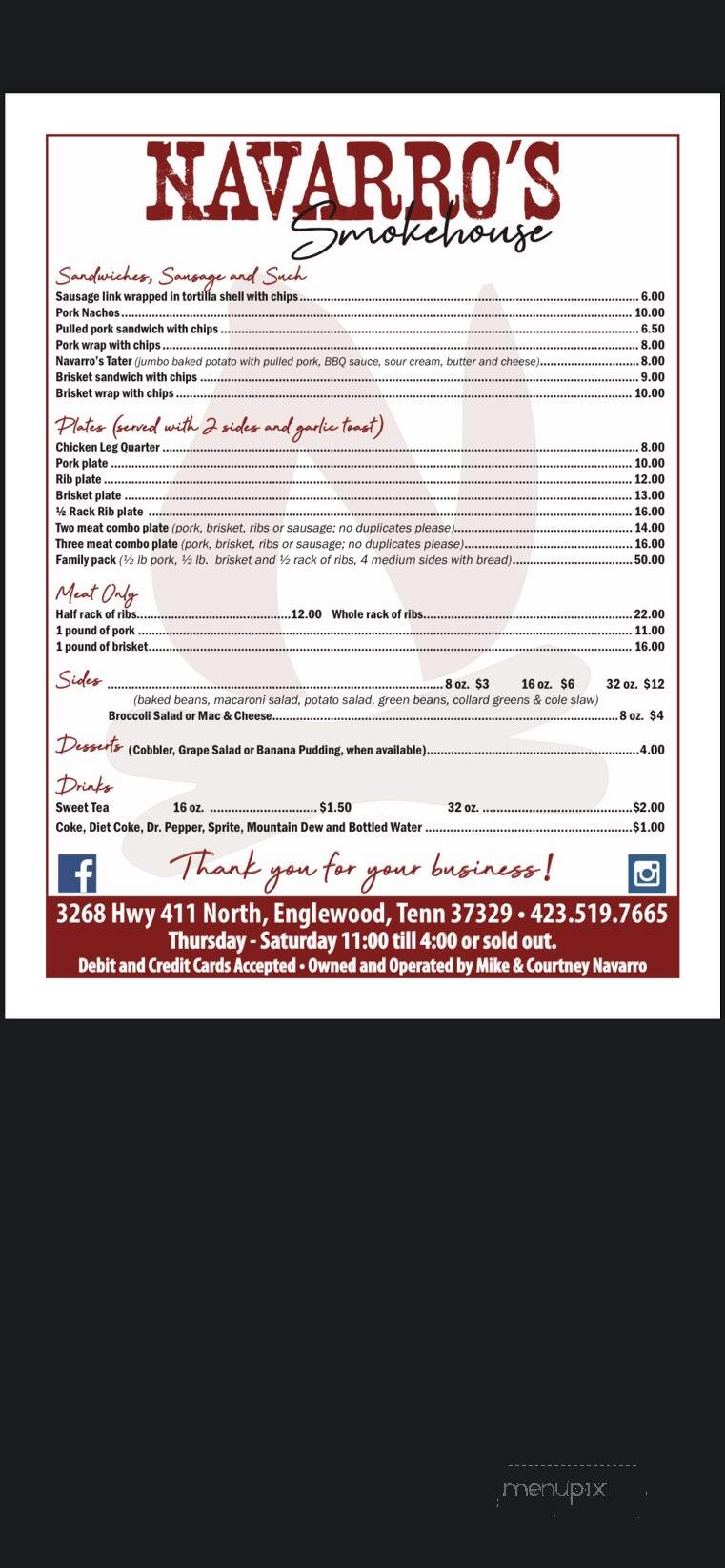 Navarro's Smokehouse - Englewood, TN menu_pic