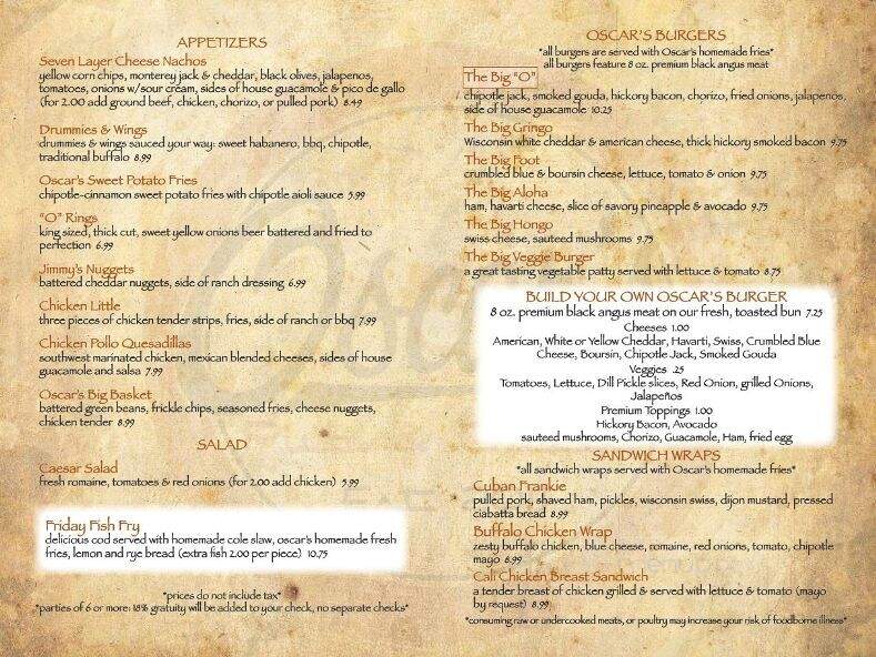 Oscar's Pub Grill - Milwaukee, WI menu_pic