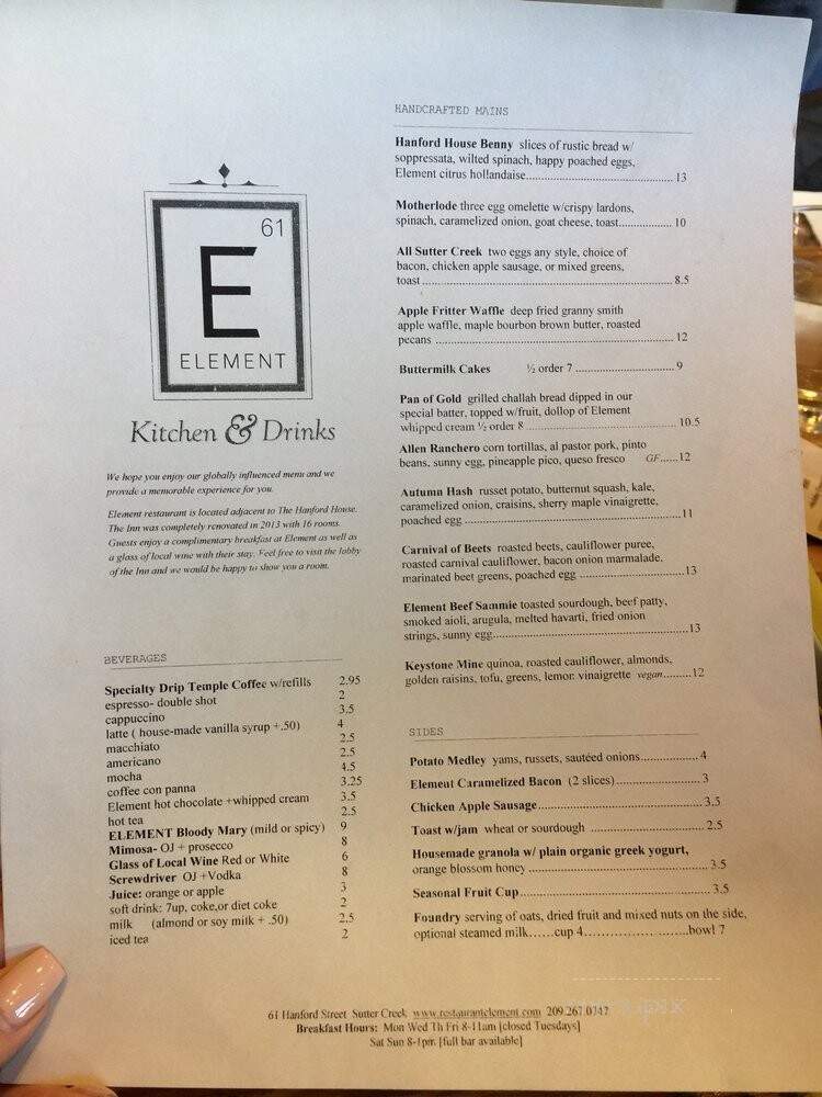 Element - Sutter Creek, CA menu_pic