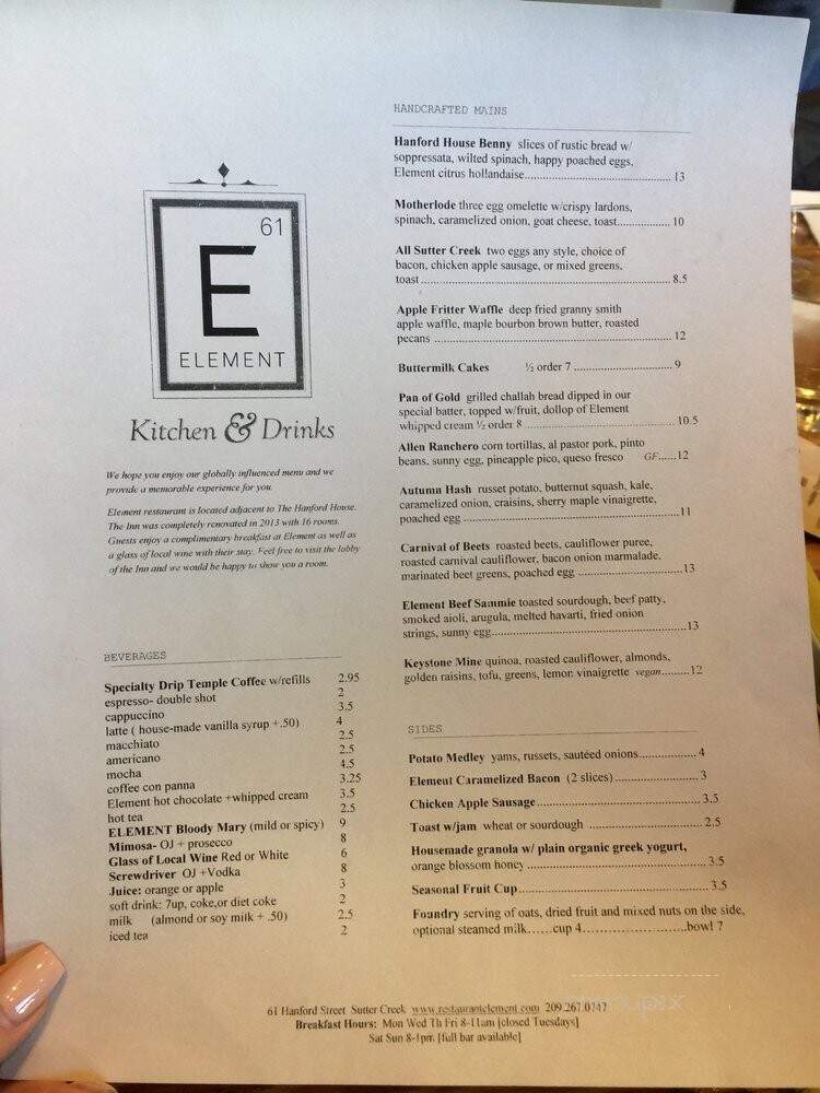 Element - Sutter Creek, CA menu_pic