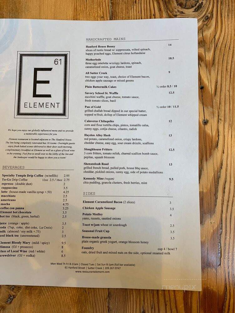 Element - Sutter Creek, CA menu_pic