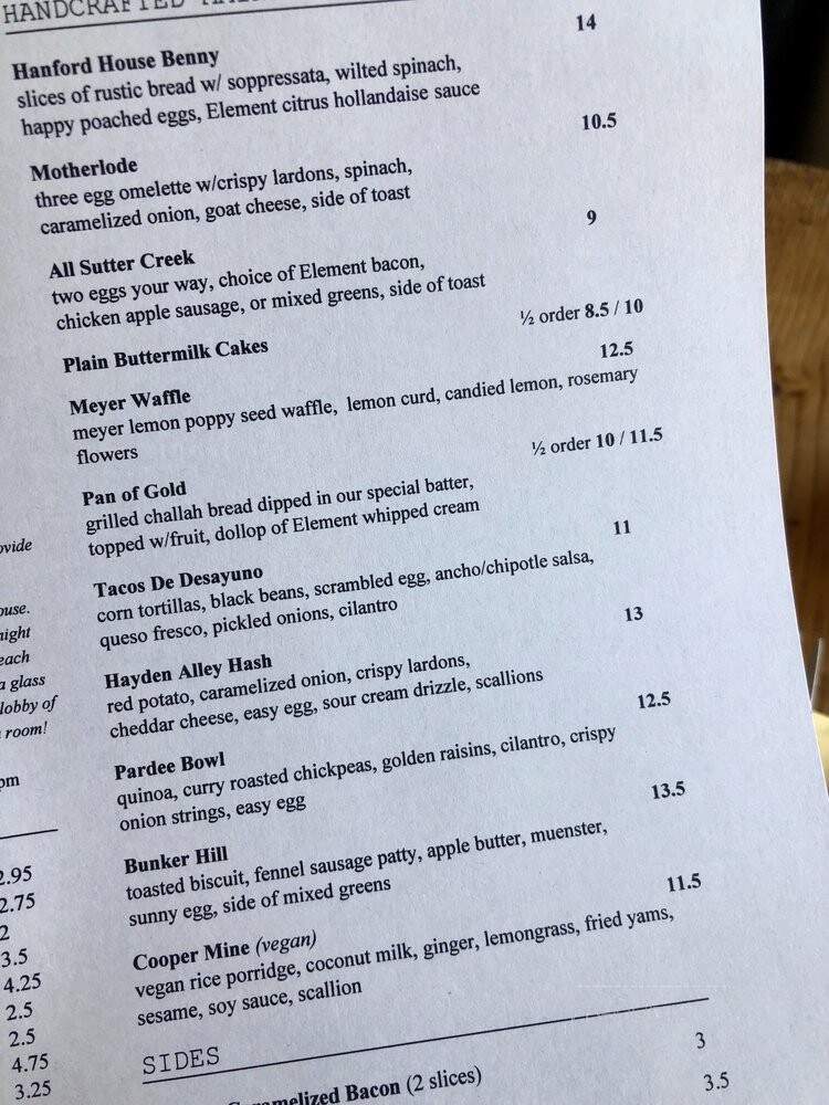 Element - Sutter Creek, CA menu_pic