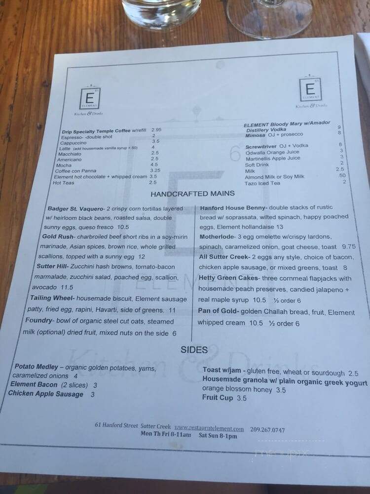 Element - Sutter Creek, CA menu_pic