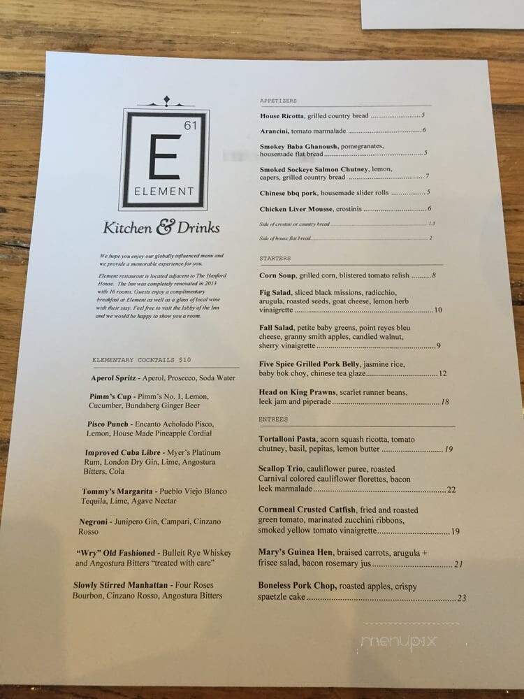 Element - Sutter Creek, CA menu_pic