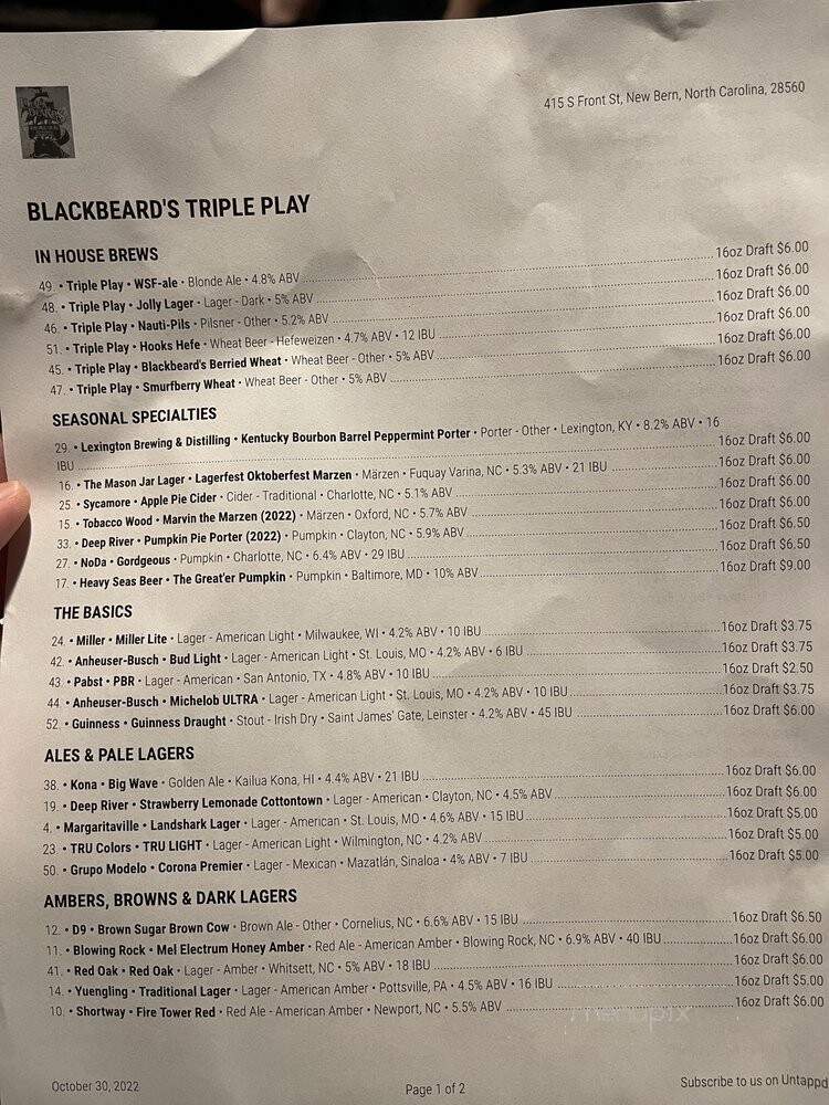 Blackbeard's Triple Play Restaurant and Bar - New Bern, NC menu_pic