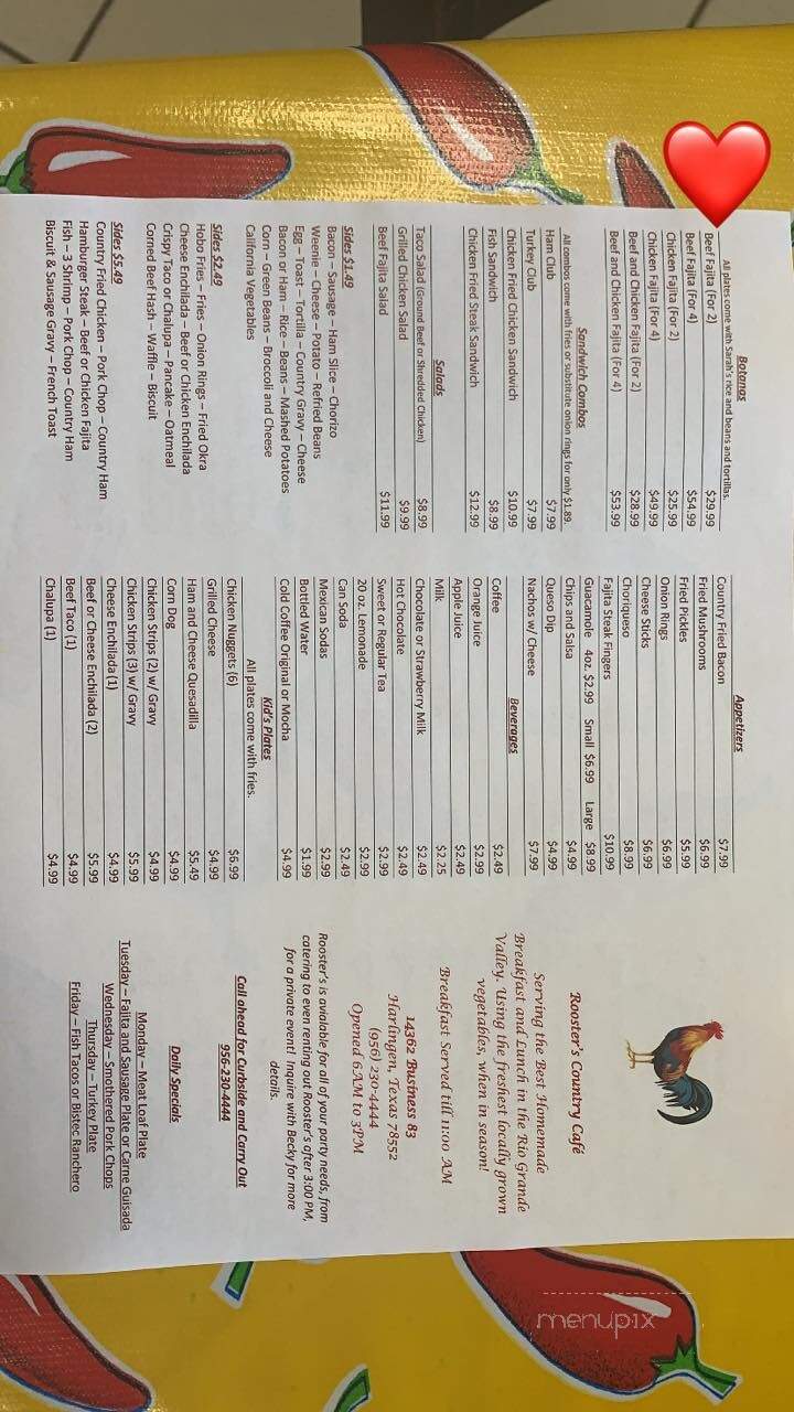 Rooster's Country Cafe - Harlingen, TX menu_pic