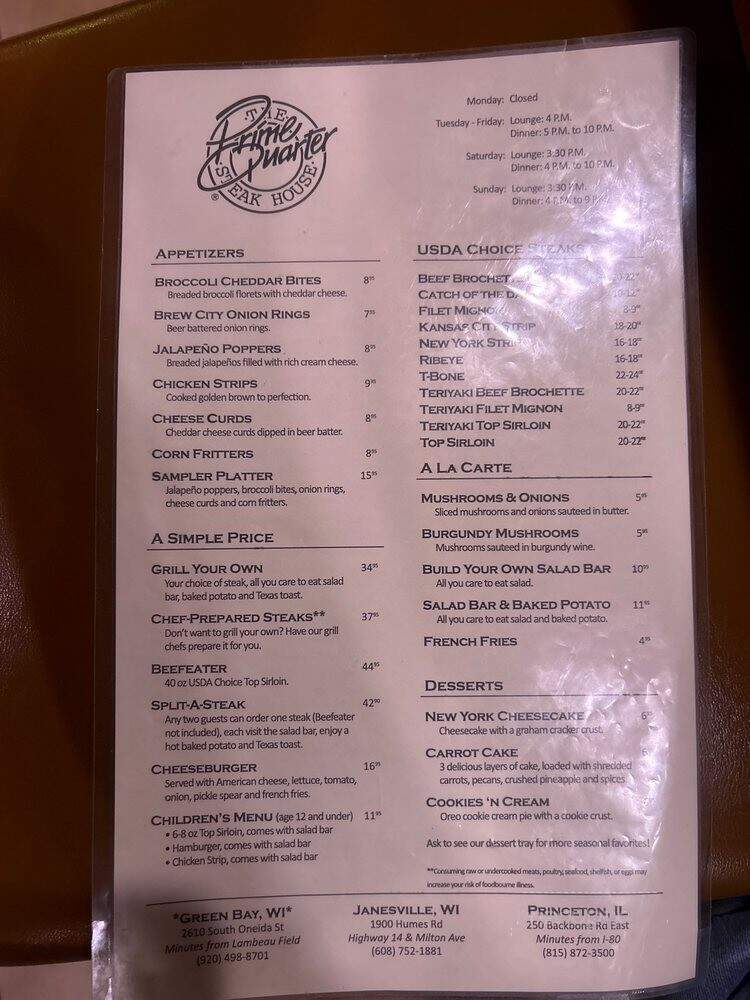 Prime Quarter Steak House - Green Bay, WI menu_pic