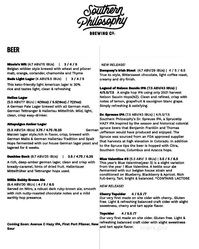 Southern Philosophy Brewing - Bainbridge, GA menu_pic
