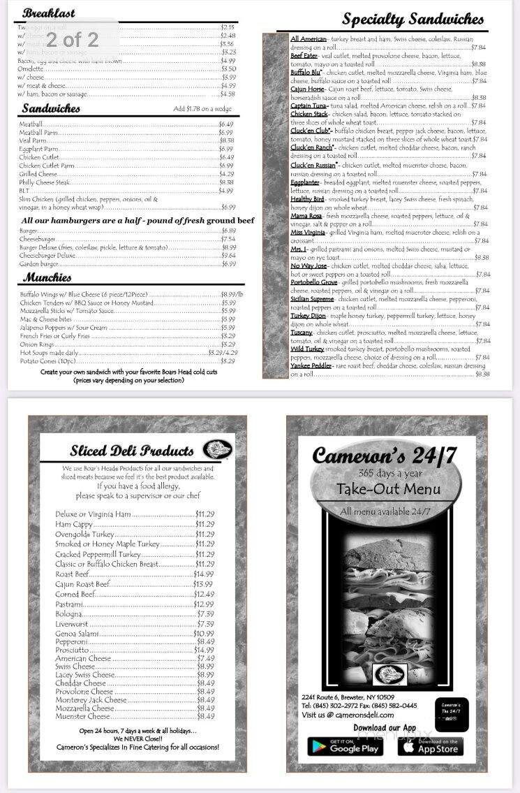 Cameron's 24/7 deli - Brewster, NY menu_pic