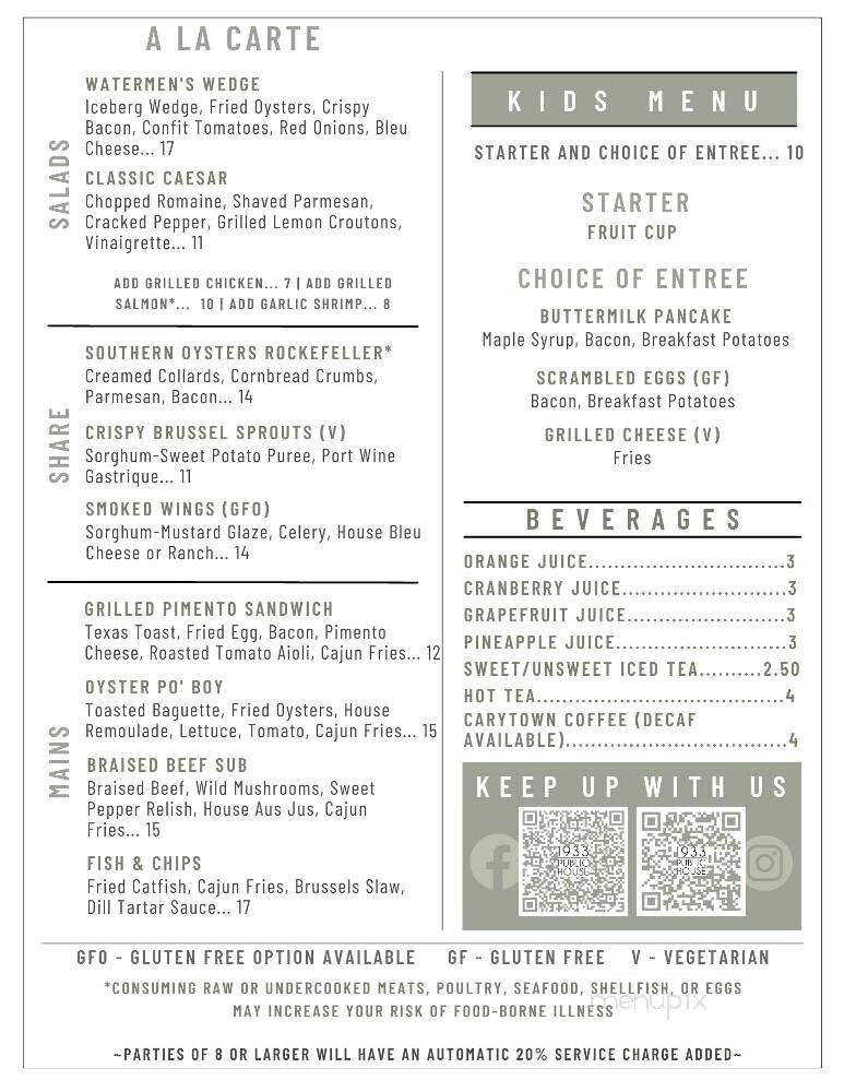 1933 Public House - Powhatan, VA menu_pic