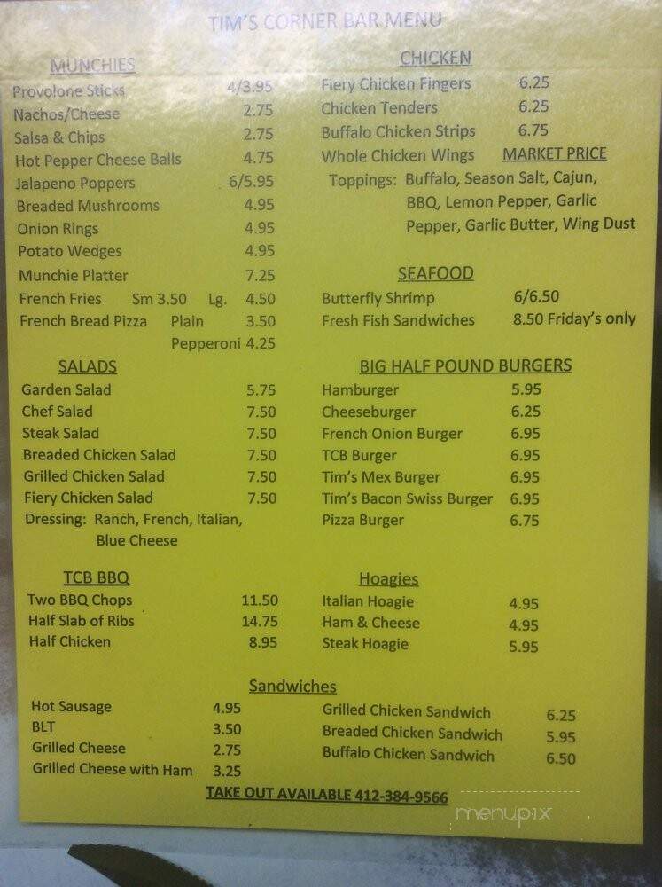 Tim's Corner Bar - West Elizabeth, PA menu_pic