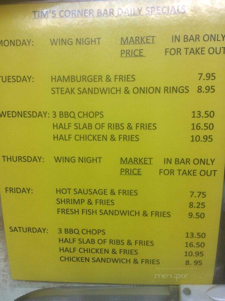 Tim's Corner Bar - West Elizabeth, PA menu_pic