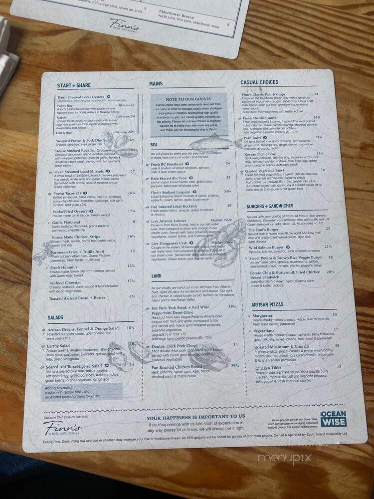 Finn's Seafood Chops Cocktails - Victoria, BC menu_pic