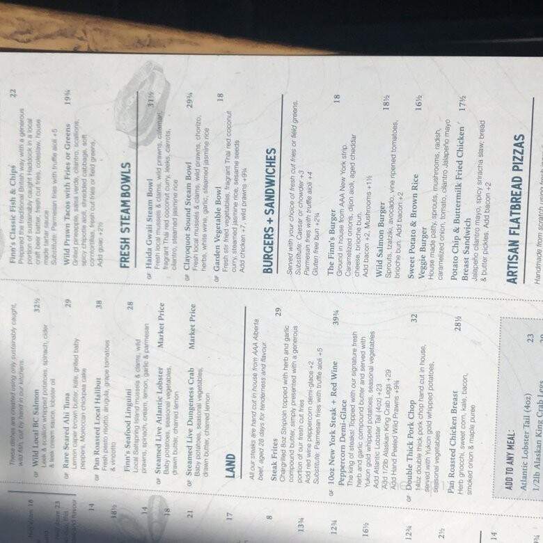 Finn's Seafood Chops Cocktails - Victoria, BC menu_pic