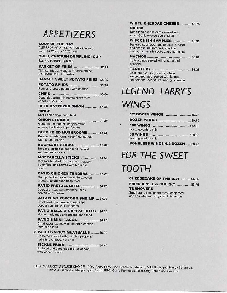 Patio Bar and Grill - Port Washington, WI menu_pic