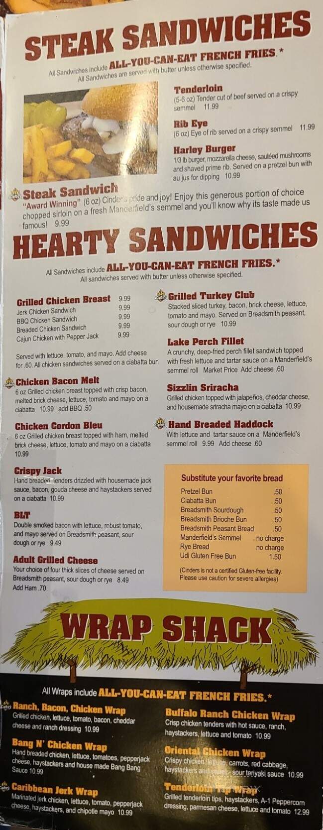 Cinder's Charcoal Grill - Oshkosh, WI menu_pic