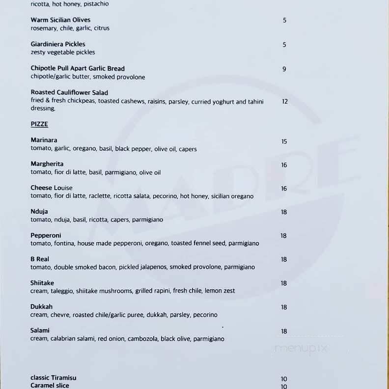Pizzeria Madre - London, ON menu_pic