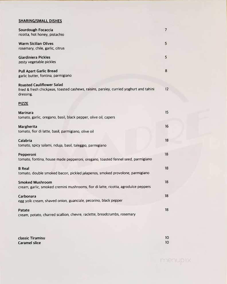 Pizzeria Madre - London, ON menu_pic