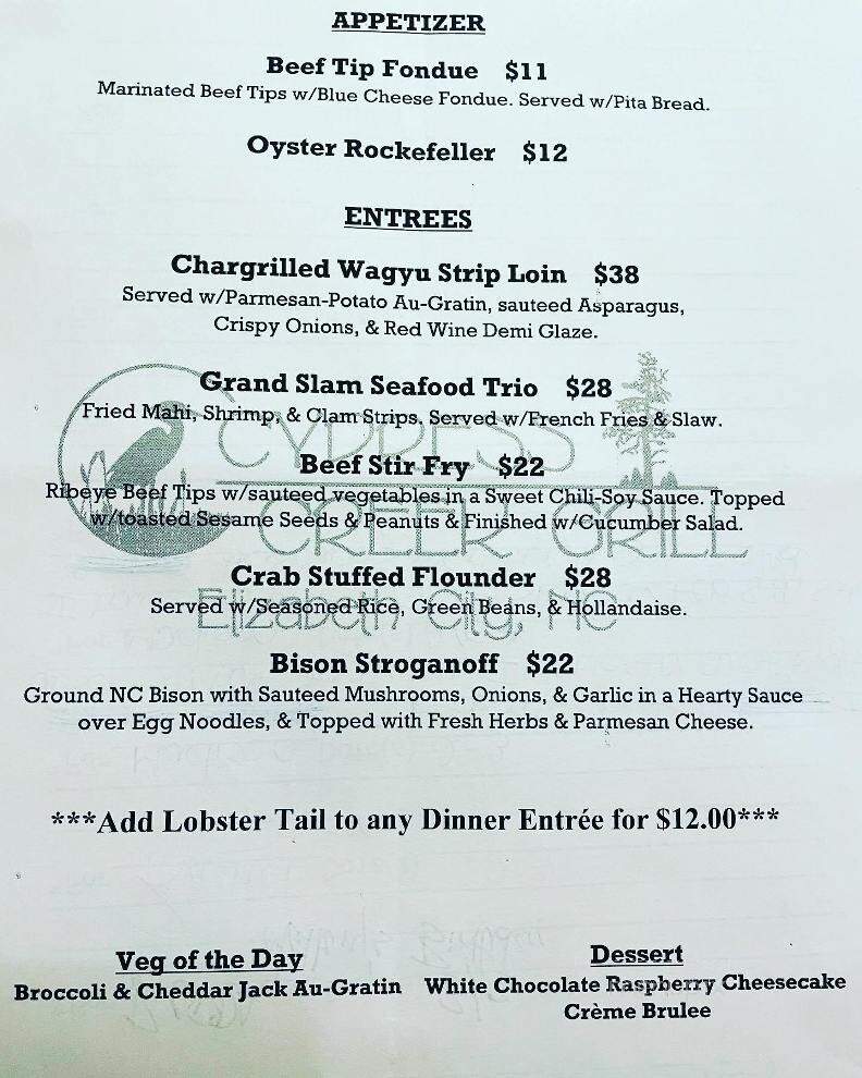 Cypress Creek Grill - Elizabeth City, NC menu_pic