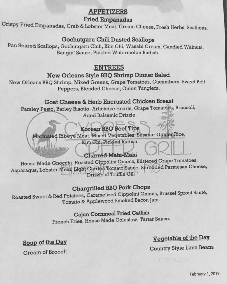 Cypress Creek Grill - Elizabeth City, NC menu_pic