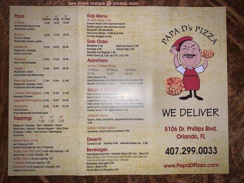 Papa D Pizza Family Restaurant - Orlando, FL menu_pic
