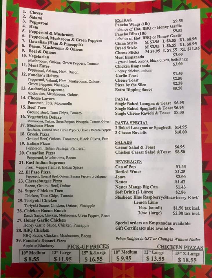 Pancho's Pizza and Pasta - Saskatoon, SK menu_pic