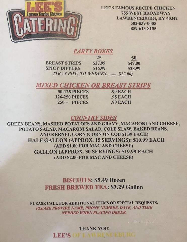 Lee's Famous Recipe Chicken - Lawrenceburg, KY menu_pic