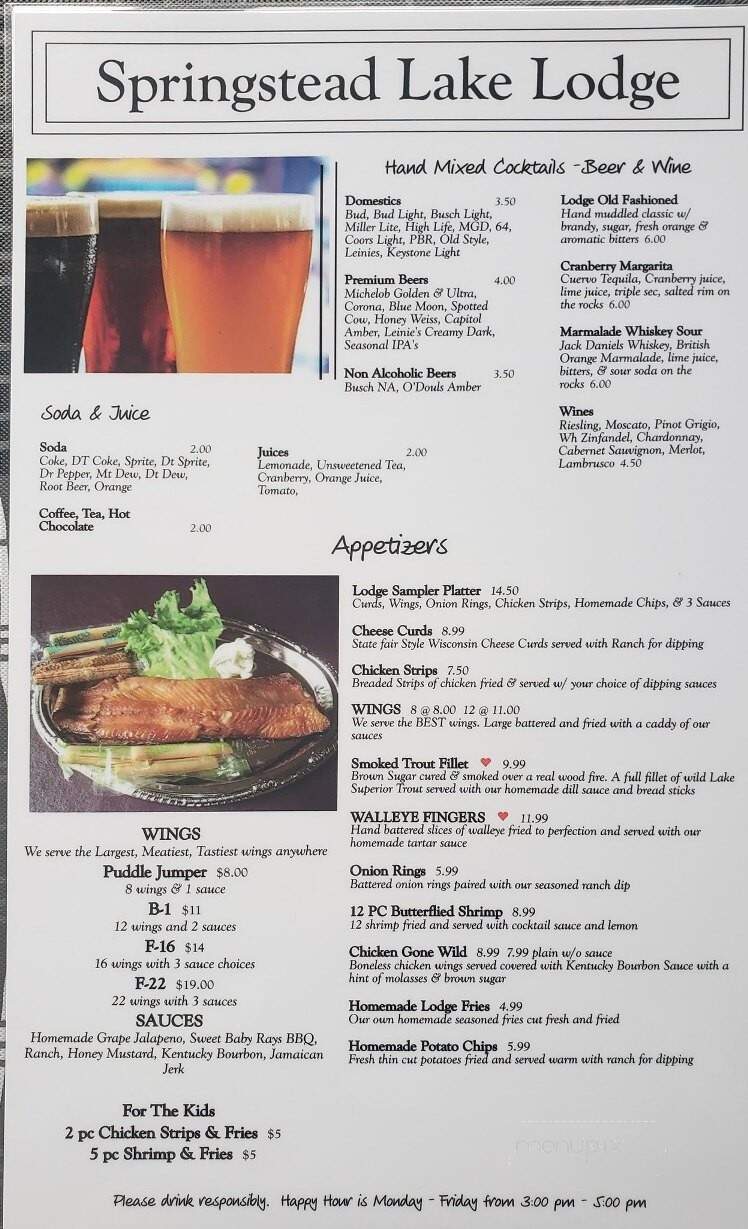 Springstead Lake Lodge - Park Falls, WI menu_pic