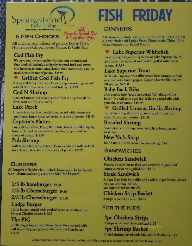 Springstead Lake Lodge - Park Falls, WI menu_pic