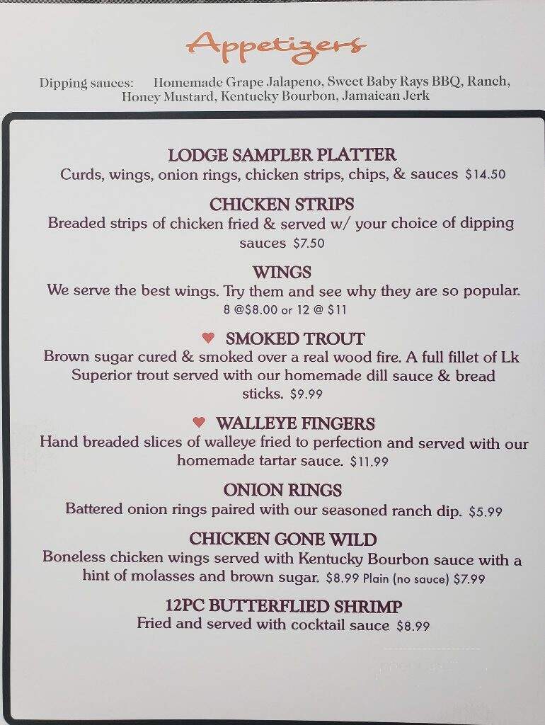 Springstead Lake Lodge - Park Falls, WI menu_pic