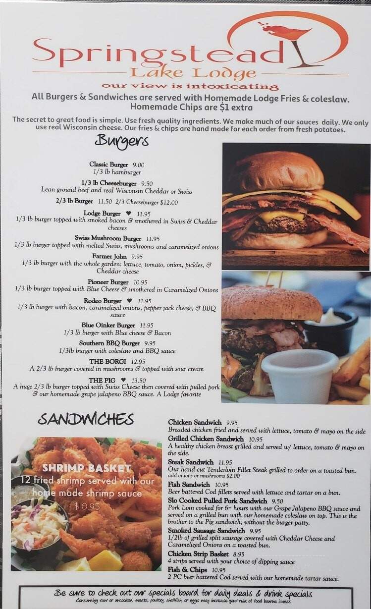 Springstead Lake Lodge - Park Falls, WI menu_pic