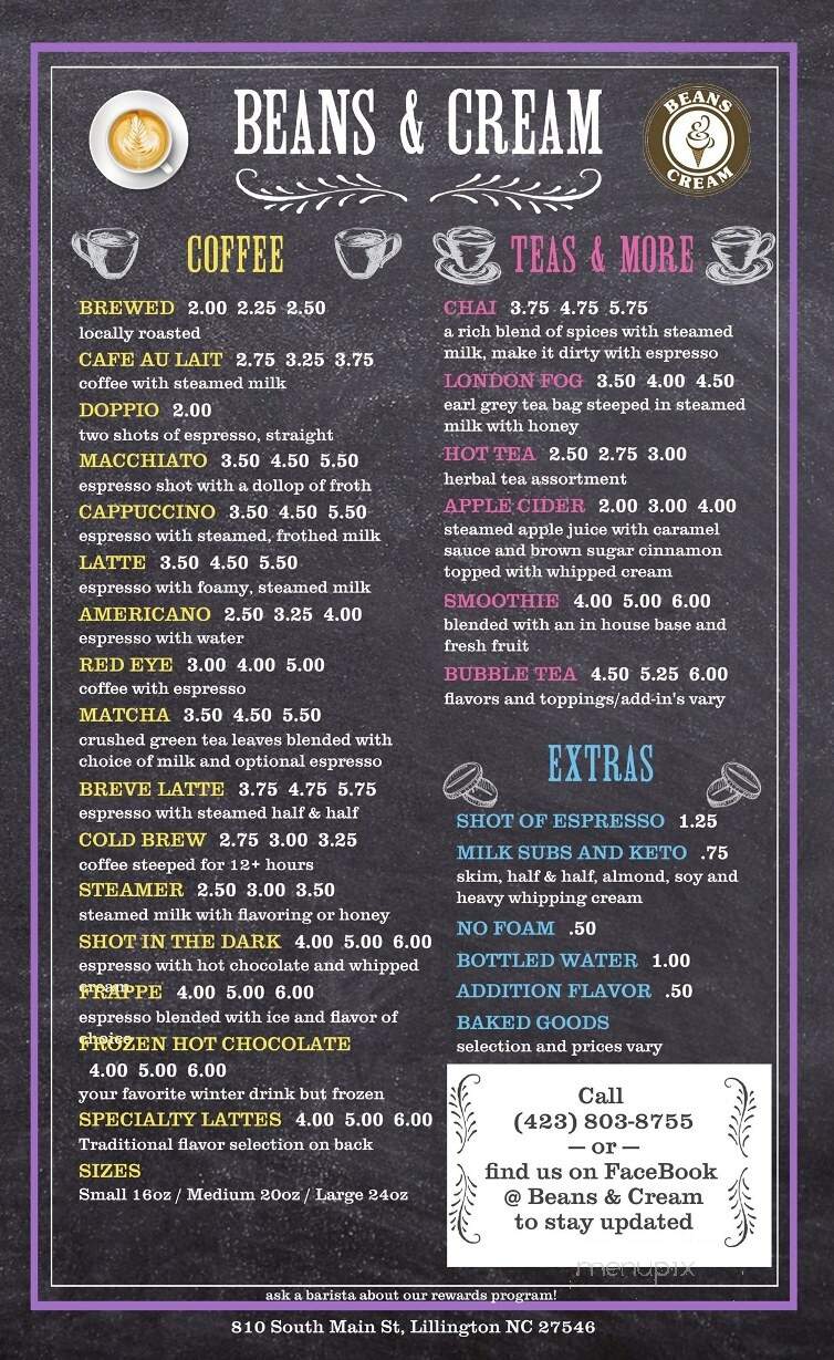 Beans & Cream - Lillington, NC menu_pic