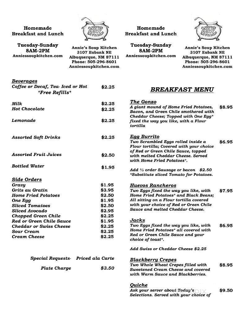 Annie's Soup Kitchen - Albuquerque, NM menu_pic