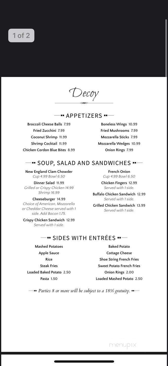 Decoy - Rock Stream, NY menu_pic