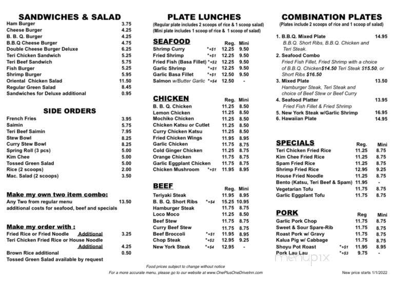 One Plus One Drive Inn - Honolulu, HI menu_pic