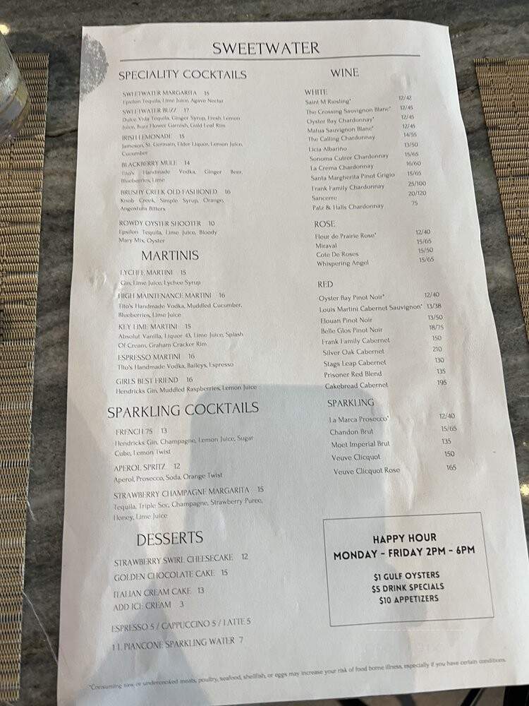 Sweetwater Oyster Bar - Cedar Park, TX menu_pic